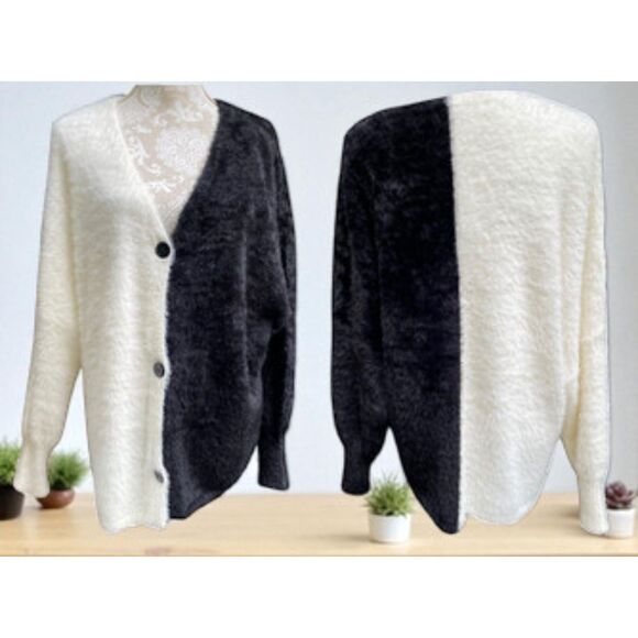 Black White Colorblock Fuzzy Cardigan Sweater Size XL Oversized Drop Shoulder - Picture 1 of 13